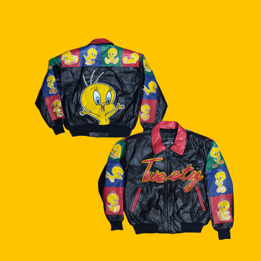 Looney Tunes Tweety Leather Jacket – Multi-Color Panels – Vintage 90s
