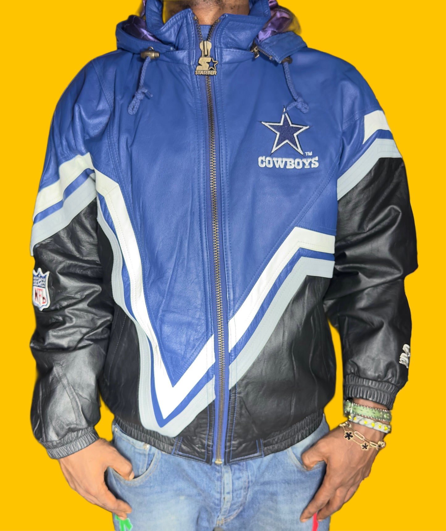 Dallas Cowboys Rare Vintage Leather Starter Hooded Jacket