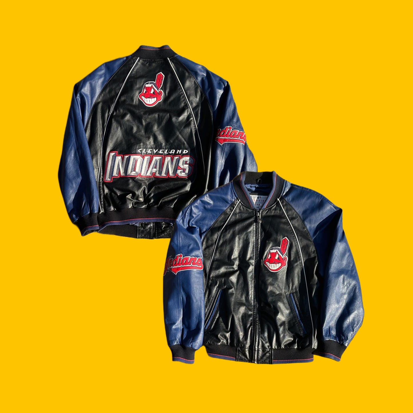 Cleveland Indians Vintage Genuine Leather Jacket 1990s MLB Black Blue