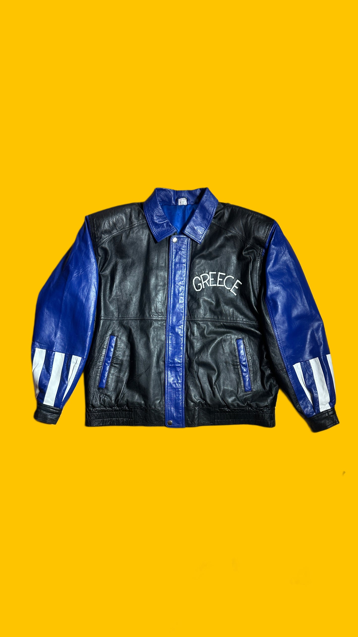 Greece Vintage Leather Jacket Blue Black XL