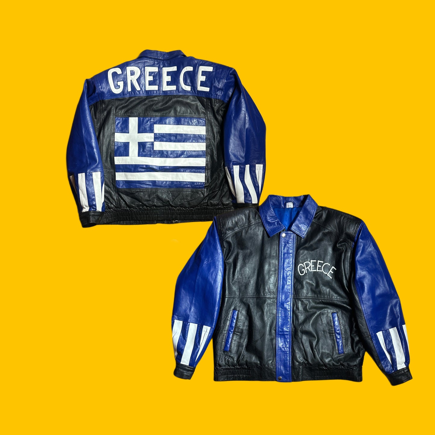 Greece Vintage Leather Jacket Blue Black XL