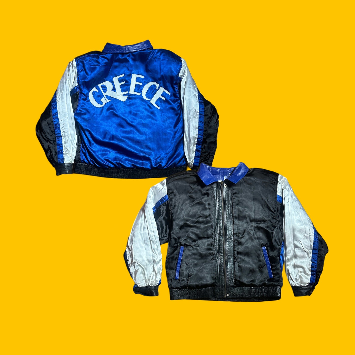 Greece Vintage Leather Jacket Blue Black XL